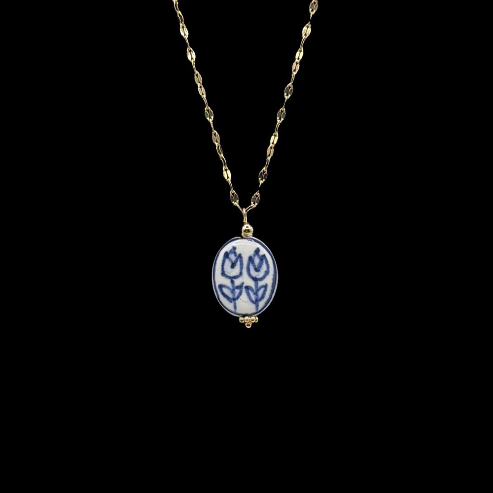 Blue and White Floral Ceramic Pendant on Stainless Steel Necklace - Picture 13 of 13